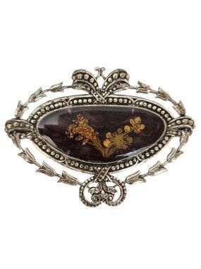Silver Tone Dried Flower Resin Trombone Clasp Brooch, M487